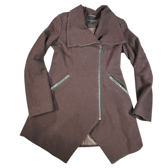 A271 French Connection Tulip Hem Asymmetrical Wool Coat Burgundy Wine Sz XS - Picture 5 of 8